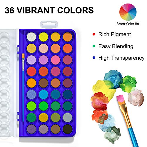 36 Pack Watercolor Pan Set, Smart Color Art Watercolor Paint Set with 4 Brushes,Easy to Blend Colors, Perfect for Kids Adults