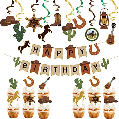 Western Cowboy Party Decorations, Western Theme Birthday Decoration, Cowboy Birthday Banner Cake Topper Hanging Swirls Western Party Supplies Kit for Boys