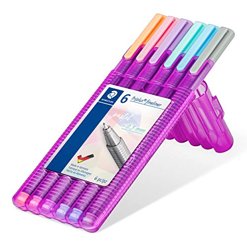 STAEDTLER triplus fineliner, Triangular Pens 0.3mm, Includes Easel Case for Home & Travel, 6 Pastel Colors, 334 SB6 PA
