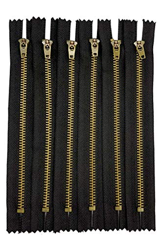 AMORNPHAN 6 pcs 6 Inch Metal Zippers Closed End #5 Black Tape Antique Brass Teeth Spring Lock Slider Heavy Duty for Jeans Denim Pockets Clothes Crafts Sewing (6")