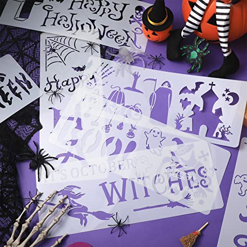 15 Pcs Halloween Stencils for Painting on Wood Reusable Happy Halloween Stencils Trick or Treat Porch Sign Stencils Pumpkin Ghost Bat Witch Boo Farmhouse Stencils Drawing Template for Wall Home