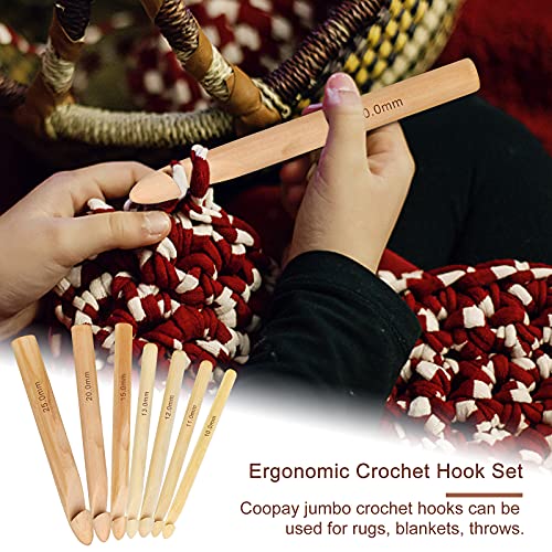 Coopay Large Wooden Crochet Hooks Ergonomic Crochet Hook Set 10-25 mm, 7PCS Inline Crochet Hooks Bamboo Crochet Kit for Beginner, Giant Wood Crochet Needles for Crocheting Chunky Yarn, Rugs, Blankets