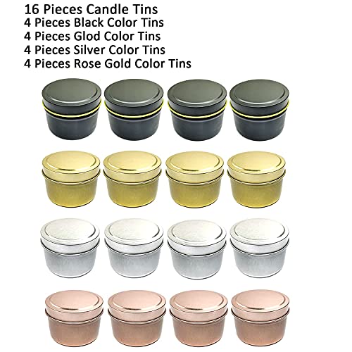 16PCS 4oz Candle Tins for DIY Candle Making, Metal Round Candle Containers for DIY Candle Making, Arts & Crafts, Storage and Holiday Gifts, Black Gold Rose Gold Silver Candle Tins
