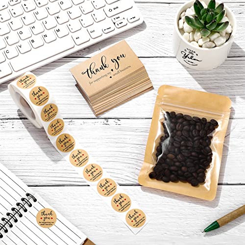 620 Pieces Thank Cards and Stickers Set Thank Gold Foil Stickers Thank for Supporting My Small Business Stickers with Resealable Packaging Bag, Suitable for Business Owners(Kraft Paper)