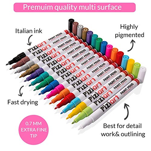 PIZIART Acrylic Paint Pens for Rock Painting, Stone, Glass, Ceramic, Wood, Canvas, Fabric, Kindness Rocks, Mugs, DIY Crafts. Set of 15 Paint Markers. Extra-Fine Tip, Non-Toxic, Quick-Dry.