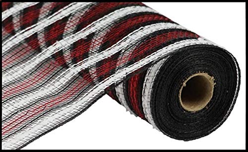 Snowdrift Metallic Stripe Deco Poly Mesh Ribbon - 10.5 inch x 30 feet (Black, White, Red)