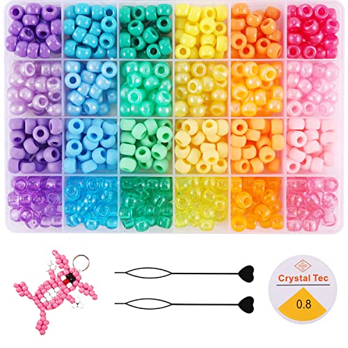 Miss Rabbit 24 Colors Pony Beads for Bracelet Making Kit, Rainbow Kandi Beads for Hair Braids for Girls with Crystal String and Hair Beader ( Include organizing Box )