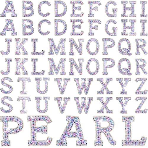 52 Pcs Iron on Letters Pearls Rhinestone English Patches Alphabet A-Z Glitter Pearl Sew On Patches Imitation Bling Decoration Patches Appliques Fabric Craft for DIY Clothes Bags Hats (Delicate Style)