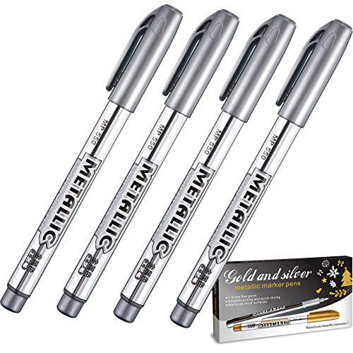4 Pieces Metallic Marker Pens, Metallic Paint Pen Markers Suitable for Cards Writing Signature Lettering Metallic Painting Pens (Silver)