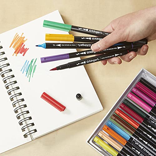 KINGART PRO Dual Twin-Tip Brush Pens, Set of 96 Unique & Vivid Colors, Watercolor Markers with Flexible Nylon Brush Tips, Professional Watercolor Pens for Painting, Drawing