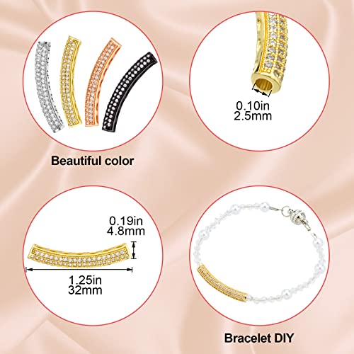 PAGOW 32mm Micro Cubic Zirconia Tube Beads, 4 Mixed Colors Brass Micro Pave Cubic Zirconia Round Tube Rhinestone Beads Charms for Jewelry Making DIY Necklace Bracelet Findings(8Pcs)