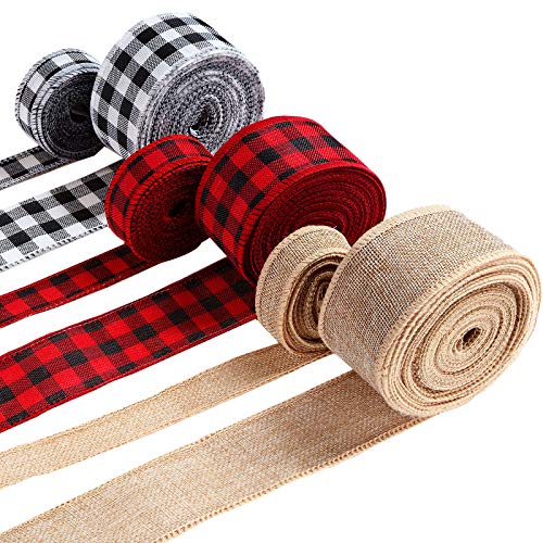 6 Rolls 45 Yards Christmas Wired Edge Ribbons Black Red Plaid Ribbon Black and White Buffalo Plaid Ribbon Burlap Craft Ribbon for DIY Wrapping, Crafts Decoration, 2 Inch and 1 Inch