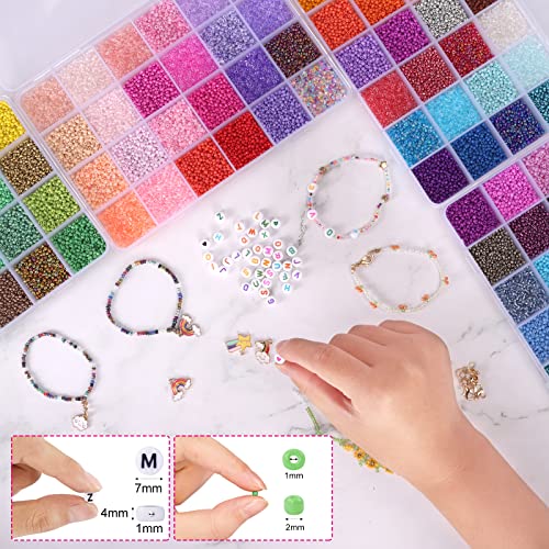 QUEFE 48000pcs 2mm Glass Seed Beads for Jewelry Making Kit, 96 Colors Small Beads Kit Bracelet Beads with Pendant Charms Kit and Letter Beads for Bracelets Necklace Ring Making, DIY, Art and Craft