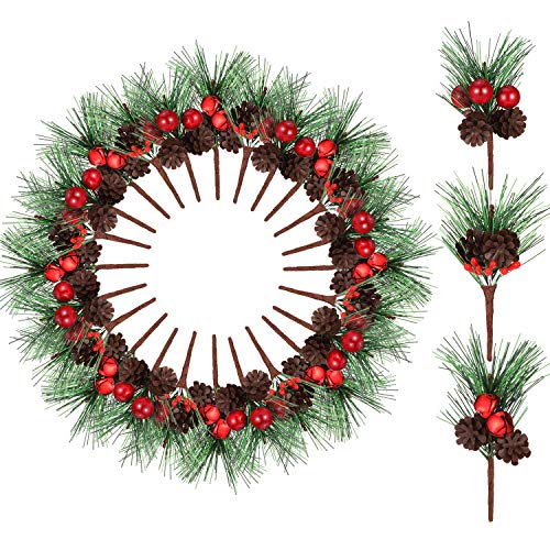 24 Pieces Christmas Pine Picks Small Fake Berries Pinecones Artificial Pine Tree for Wedding Garden Christmas Tree Craft Decorations (Style Set 2)