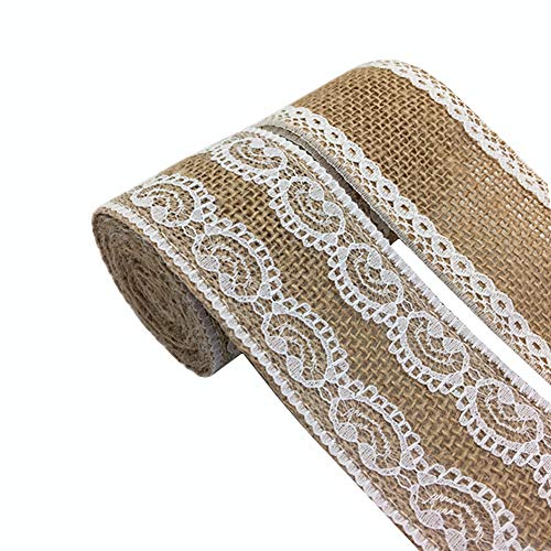 OZXCHIXU 5Pcs Burlap Ribbon Lace Roll with 30 Feet Jute Twine,Burlap Ribbon for Wedding Decorations DIY Handmade Crafts (2.2 yards for each roll)