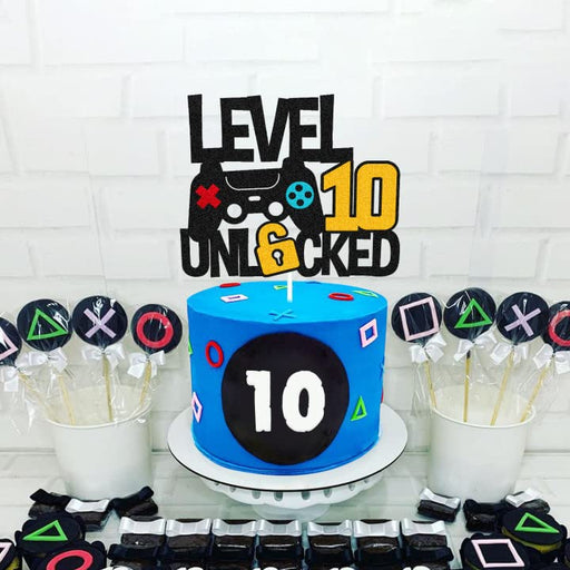 Level 10th Unlocked Cake Topper Game Controller 10s Cake Decoration Happy 10 Birthday Cake Decor Video Play Game Movie Theme Boys Girls Men Women Teenager Bday Party Event Celebration Supplies