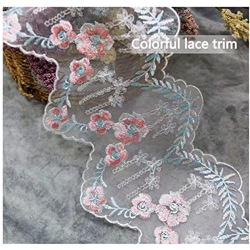SuiGlory Vintage Lace Trim Ribbon, Blue Pink Embroidery Floral Sewing Lace Trim for Craft Sewing Wedding/Bridal Decoration Home Decoration Packaging (5Yards)