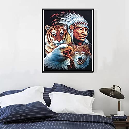 MXJSUA DIY 5D Diamond Painting Native American by Number Kits for Adults, Eagle Tiger Wolf Diamond Painting Kits Round Full Drill Diamond Art Kits Picture Arts Craft for Home Wall Art Decor 12x16 inch