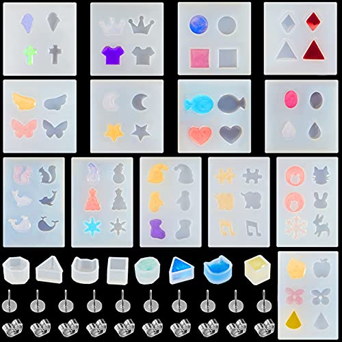 22 Pieces Stud Earrings Resin Moulds Tiny Jewelry Silicone Moulds Jewelry Epoxy Casting Moulds with Stainless Steel Ear Studs and Earring Backs for Resin DIY Jewelry Making Supplies