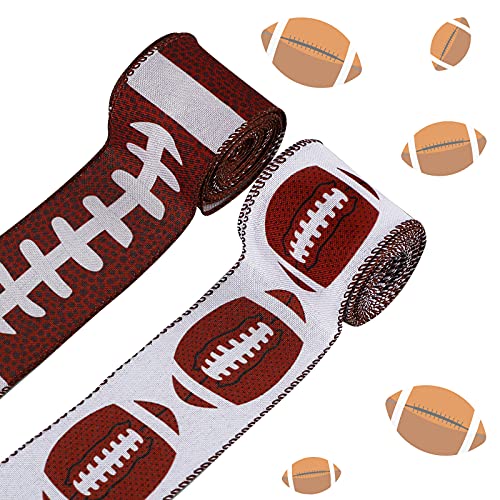 13 Yards 2.5 Inch Football Wired Ribbon Ball Sport Striped Printed Ribbon Polyester Grosgrain Wired Edge Burlap Ribbon for Football Theme Party DIY Football Fan Wreath Ornament Brown White 2 Rolls