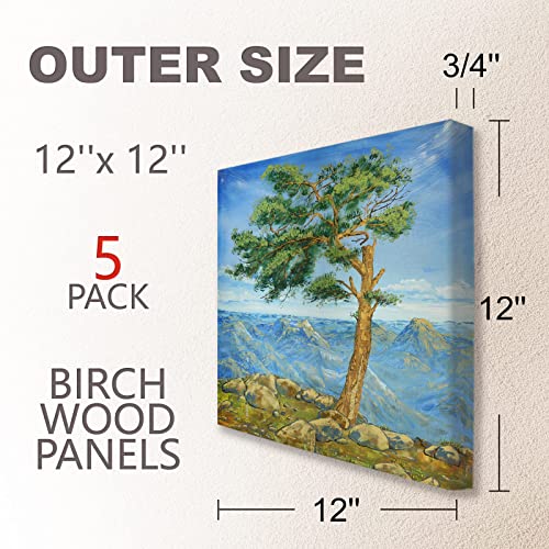 Unfinished Birch Wood Boards Canvas for Painting, 5 Packs 3/4’’ Deep Cupohus 12’’ x 12’’ Wooden Cradled Panels for Pouring Art, Crfats, Paints and More