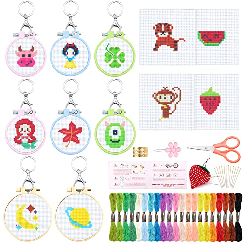 ZOCONE 12 PCS Cross Stitch Kits for Kids 7-13, Cross Stitch Beginner Kits with Instructions, Keychains, Embroidery Hoops and Tools, Needlepointing Kits for Backpack Charms, Cross Stitch Ornaments Kit