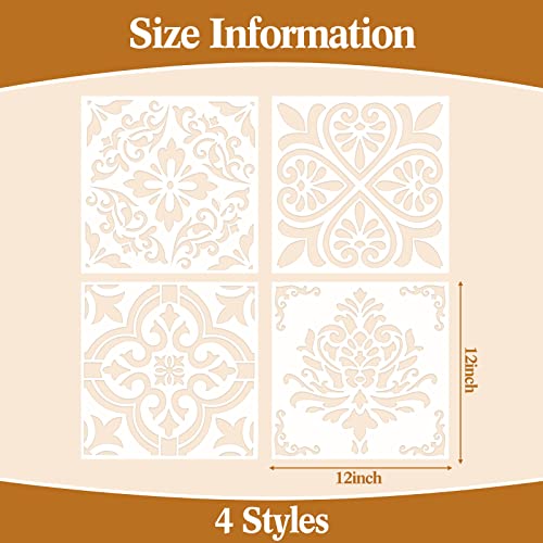4 Pieces Reusable Tile Stencil 12 x 12 Inches Wall Templates Tile Pattern Stencil Drawing Templates for DIY Scrapbooks Wall Floor Home Decors (Flower Style)