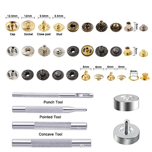 Caydo 400 Set 4 Style Snap Fasteners Kit Including Leather Rivets, Eyelets, Grommets, Binding Screws, Snap Buttons Press Studs kit with Fixing Tools for Thin Leather, Jacket, Jeans Wear