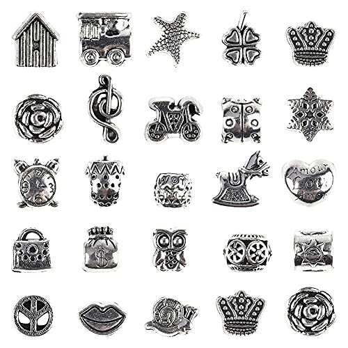60 Pieces Assorted European Beads with Plating Silver Metal Alloy Rhinestone Large Hole Spacer Beads for DIY Charm Bracelet Jewelry Making (Alloy Spacer Beads)