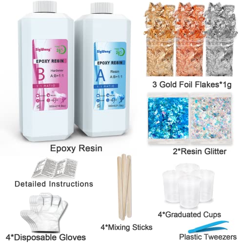 Epoxy Resin Clear Crystal Coating Kit 40oz - 2 Part Casting Resin for Art, Craft, Jewelry Making, River Tables, Bonus Gloves, Measuring Cup, Wooden Sticks, Dropper, Gold Foil Flakes and Tweezers