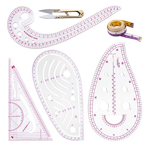 HLZC Fashion Clear Metric Sewing Ruler Set, French Curve Pattern Making Ruler Kit for Beginners Tailors Designers (6-Piece Set)