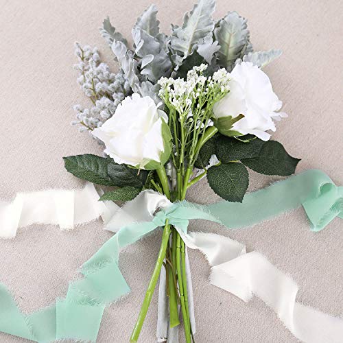 DreamBuilt Handmade Fringe Chiffon Silk-Like Ribbon 1.5" x 3Yd Green Shade Ribbons Sample Swatch Chart for Wedding Invitations, Bouquets, Gift Wrapping(Dark Green/Forest Green/Mint Green/Ivory)