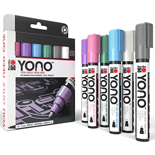 Marabu YONO Pastel Paint Markers - 6 Acrylic Paint Markers for Metal, Stone, Wood, Canvas, Glass, Ceramic, Plastic, Leather - Paint Pens for Rocks, Mugs, Graffiti, Tumbler Making, and Shoes