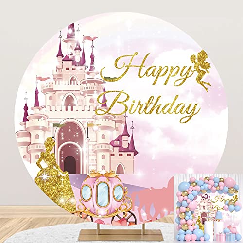 Princess Castle Round Backdrop Cover Fairy with Flowers 7.2x7.2ft Happy Birthday Party Photo Backdrop Party Decorations Photo Studio Booth Props Banner Supplies