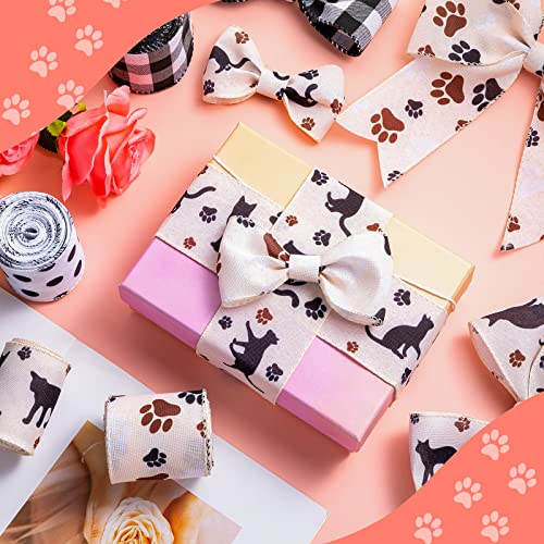 4 Rolls 24 Yards Dog Ribbon 2.5 Inch Wired Paw Print Wire Wrapping Ribbon for Christmas DIY Wrapping Wedding Floral Bows Decor Home Party Ornaments (Mix Color,Cat Figure)