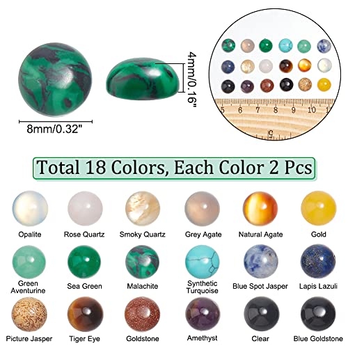 SUPERFINDINGS 36pcs 18 Materals Gemstone Cabochon 8mm Half Round Stone Cabochons Flatback Crystal Quartz Stone for Earring Necklace Jewelry Making