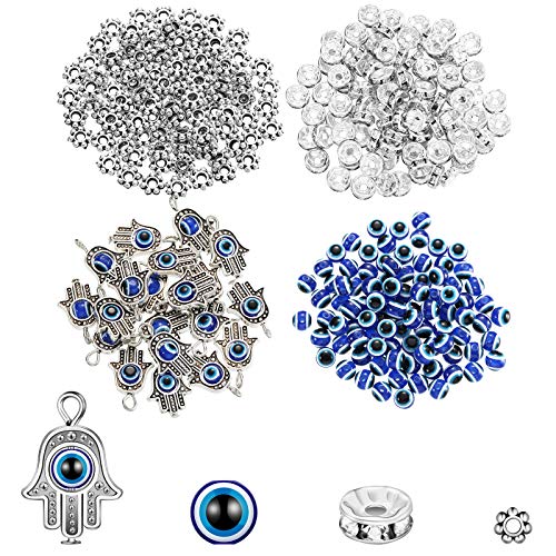 320 Pieces Evil Eye Charms Set Includes 100 Evil Eye Beads 20 Hamsa Hand Evil Eye Charms 100 Czech Crystal Spacer Bead 100 Plum Shaped Charms Bead for DIY Jewelry Making (Antique Silver)