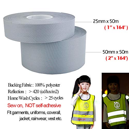 Sew On Silver Reflective Fabric Polyester Material DIY Tape For Clothing (2inch x 164feet)
