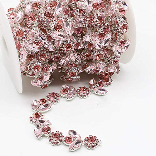 1Yard Gold AB Sunflowers Leaves Crystal Rhinestone Chain Trim for DIY Clothes Accessory Dress Belts Headpiece Jewelry Making (Pink)