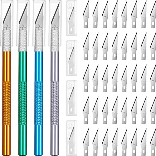 4 Pieces Craft Knife Hobby Knife with 40 Pieces Stainless Steel Blades Kit for Cutting Carving Scrapbooking Art Creation (Yellow, Green, Blue, Silver)