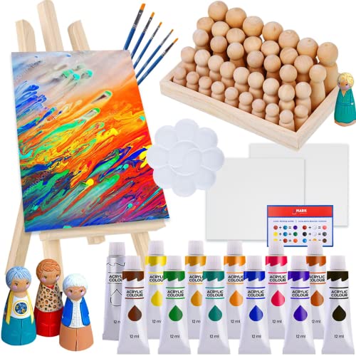 J MARK Art Canvas Paint Set Supplies – 63 Piece Paint Kit Canvas Acrylic Painting Kit with Wood Easel & Peg Dolls, 8x10 inch Canvases, Non Toxic Washable Paints, Brushes, Palette, Color Mixing Guide