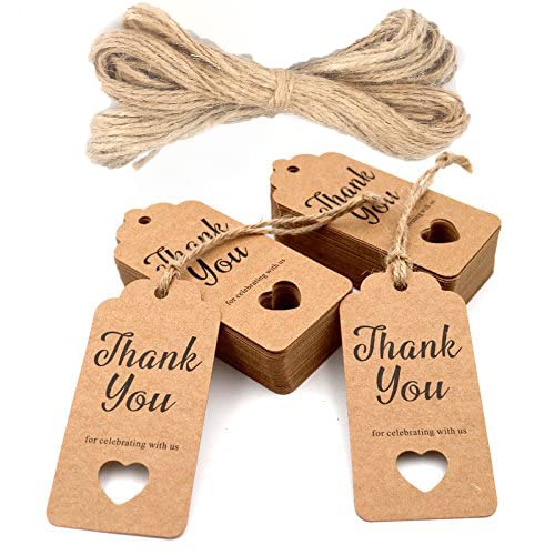 Gift Tags,Baby Shower Tags,Hollow Heart Thank You for Celebrating with Us Tags,100 Pcs Kraft Thank You Tags Shower Favors Tags for Wedding Party Favors Thanksgiving with 66 Feet Natural Jute Twine