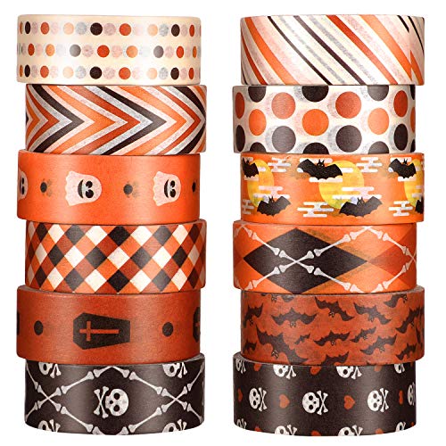 12 Rolls Halloween Washi Tape with Bat Ghost Bones Patterns DIY Halloween Tape Halloween Wrappings Tapes Kits for Halloween Festivals DIY Decorations