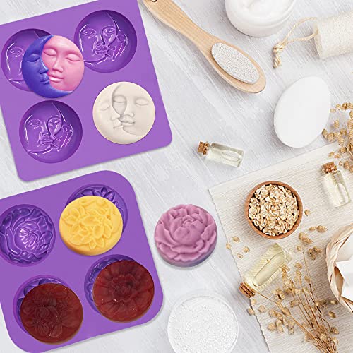 2 PCS Silicone Soap Molds, SENHAI 4 Cavity Sun & Moon Face Molds and 4 Cavity Flower Shapes Molds ,for DIY Soap Making Homemade Lotion Bar Cake Chocolate Pudding