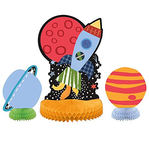Outer Space Adventure Assorted Honeycomb Centerpiece Decorations (Pack of 3) - Paper Rocket, Alien, Planet, Stellar Party Decor for Cosmic Celebrations & Kids Birthdays