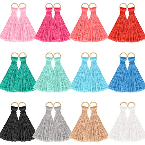 120 Pieces Tassel Charms Multicolored Tassel Keychain Charms Silky Handmade Tiny Tassels with Golden Jump Ring for Woman Earrings Jewelry Making DIY Projects, 1.37 inch/ 3.5 cm, 12 Colors