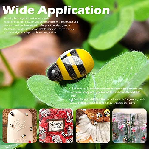 Lxnoap Mini Wooden Bees with Adhesive Embellishments Painted Flatback Wood Bumble Bee for DIY Craft Decoration Scrapbooking 100 Pack