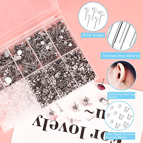 VERACT Earring Posts and Backs, 2000Pcs Hypoallergenic Earring Studs for Jewelry Making Kit and Butterfly Earring Backs and Rubber Earring Backs with Box (4mm, 5mm, 6mm, 8mm, 10mm)