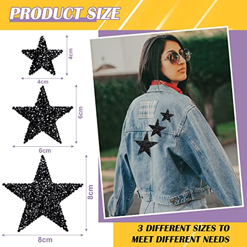 24 Pieces Star Patches Iron On Star Appliques Rhinestone Adhesive Star Iron on Patches Glitter Shiny Star Patches Appliques for Clothing Jeans Repair Decoration (Black, 1.57/ 2.36/ 3.15 Inch)