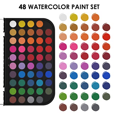 Funto Watercolor Set, 48 Color Paint Set, 10 Brushes, 4 Refillable Water Brush Pens, 30 Page Pad(9"x12"), Masking Tape, Sponge, Palette, Painting Kit for Kids, Adults, Beginners